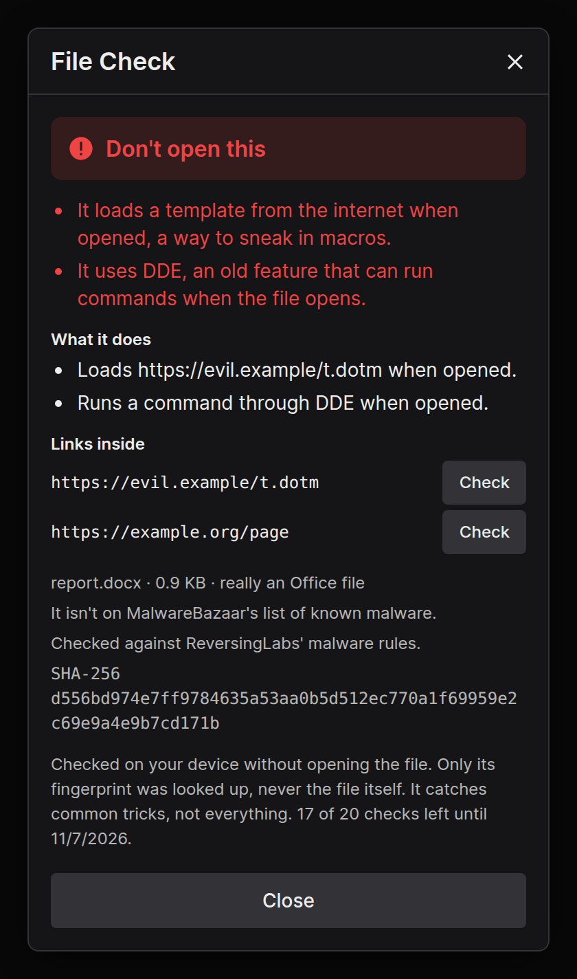 File Check warning about a Word document that loads a remote template and uses DDE