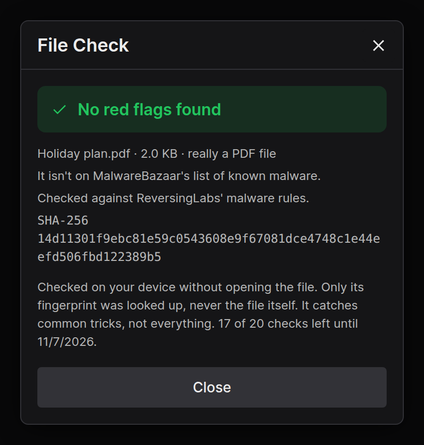 File Check showing no red flags for a normal PDF