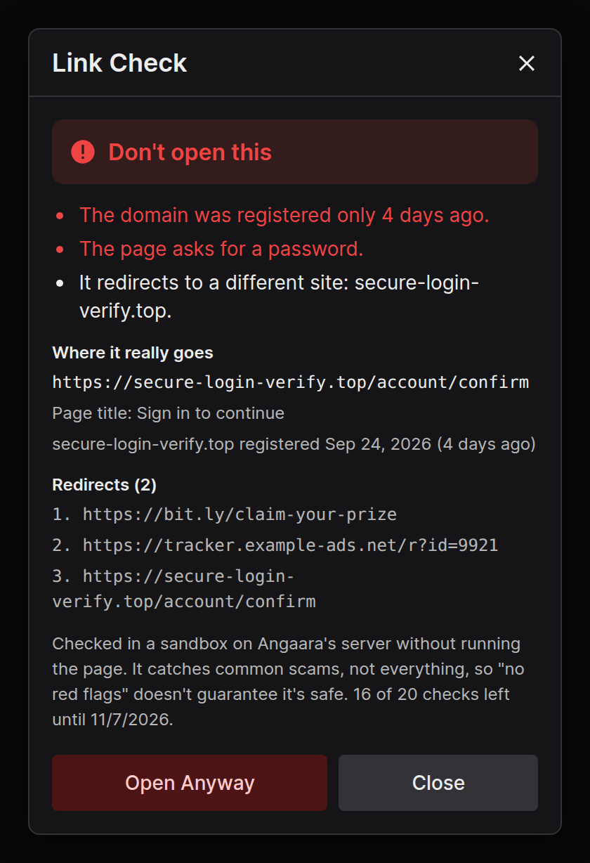 Link Check warning about a brand-new scam site behind a link shortener