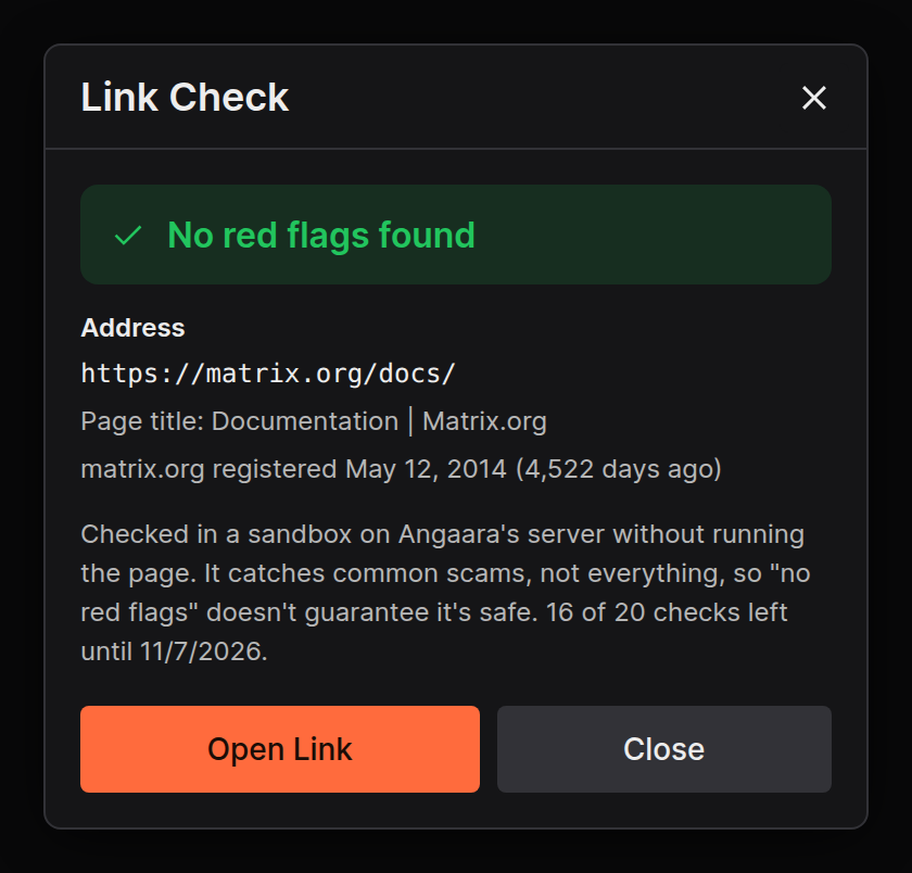 Link Check showing no red flags for matrix.org
