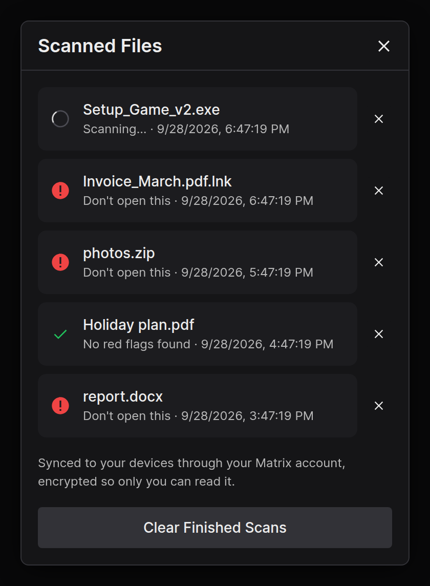 The Scanned Files list with finished and running scans